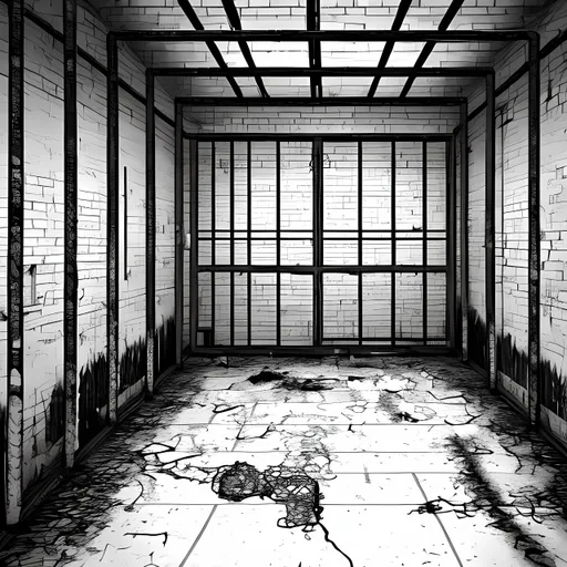 Prompt: Coloring page of an empty jail. a clock on the wall doesn’t tick. The bars are broken and bent. The paint is chipped and cracked. The balls have no chains. A skeleton in a prison uniform is on the floor. Only two colors, black and white. Looks like a children’s coloring page.
