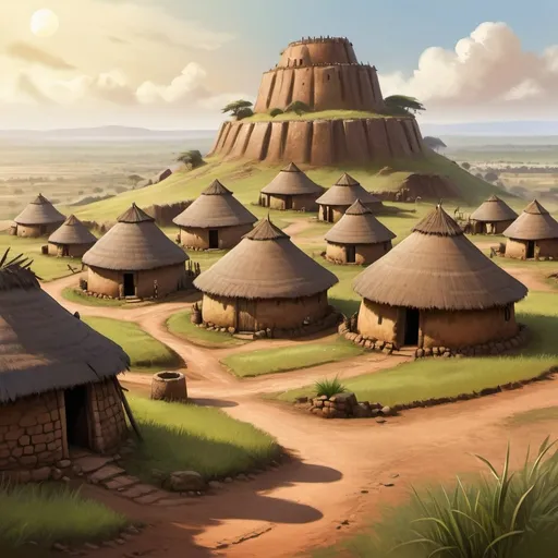 Prompt: An ancient African village with stone enclosure on a hill, stone tower in the center, round mud and grass thatched huts in the enclosure and outskirts plains, digital painting, historic setting, rich color palette, soft lighting, high quality, realistic, opulent surroundings