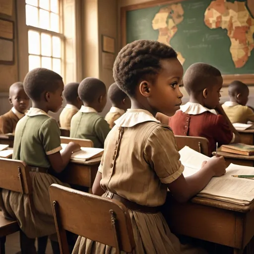 Prompt: Shot from the back, African children in a classroom, digital painting, vintage attire, detailed facial features, historic setting, rich color palette, soft lighting, high quality, realistic, vintage, detailed facial features, dignified atmosphere, opulent surroundings
