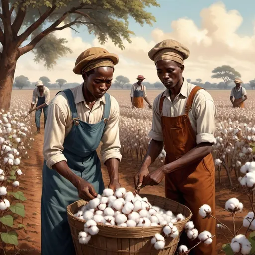 Prompt: African workers picking cotton in the fields, digital painting, vintage attire, traditional African furniture, detailed facial features, historic setting, rich color palette, soft lighting, high quality, realistic, vintage, detailed facial features, dignified atmosphere, opulent surroundings