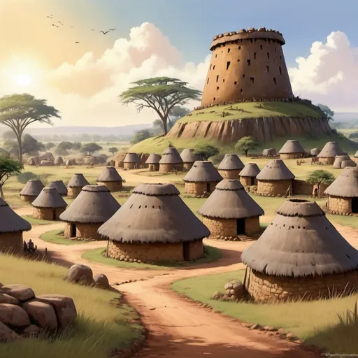 Prompt: An ancient African village with stone enclosure on a hill, bustling with activity, stone tower in the center, round mud and grass thatched huts in the enclosure and outskirts plains, great Zimbabwe empire, digital painting, historic setting, rich color palette, soft lighting, high quality, realistic, opulent surroundings