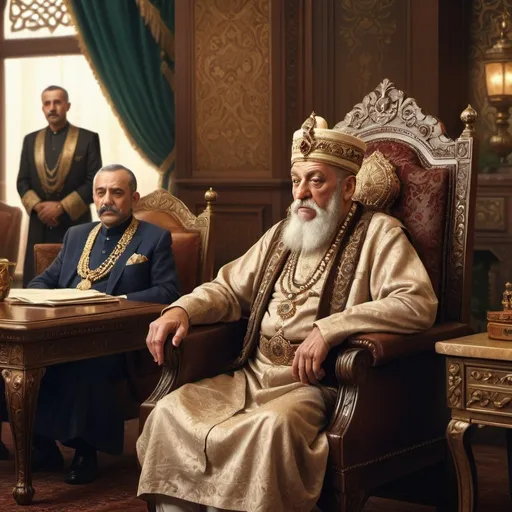 Prompt: Elderly sultan addressing council, digital painting, vintage attire, ornate furniture, detailed facial features, historic setting, rich color palette, soft lighting, high quality, realistic, vintage, detailed facial features, dignified atmosphere, opulent surroundings