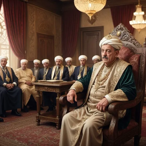 Prompt: Elderly sultan addressing council, digital painting, vintage attire, ornate furniture, detailed facial features, historic setting, rich color palette, soft lighting, high quality, realistic, vintage, detailed facial features, dignified atmosphere, opulent surroundings