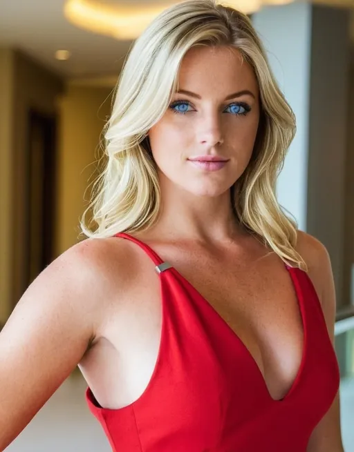 Prompt: Cute female,35 years old, blond, blue eyes, red dress, in a modern hotel lobby