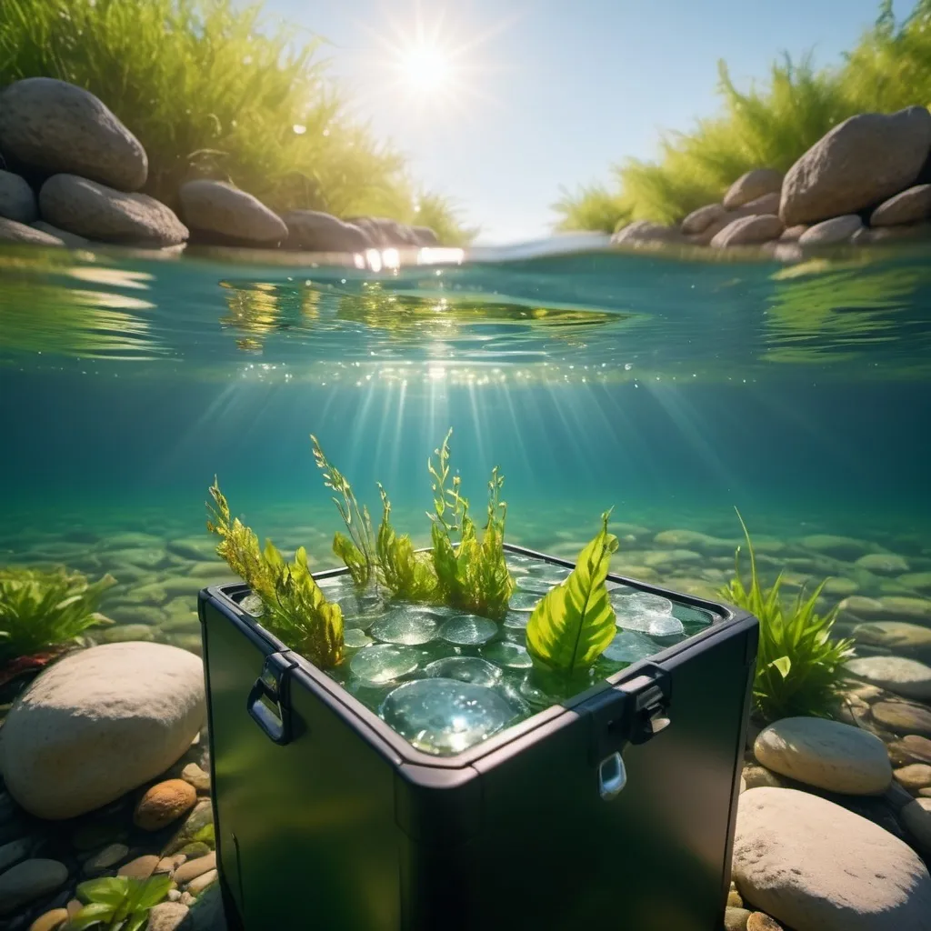 Prompt: create an image of an beer cooler under lake water

