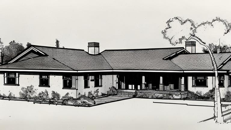 Prompt: architectonic drawing house style Ranch, for a didatic book about house construction in america

