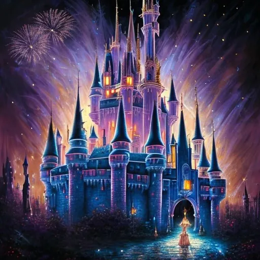 Prompt: Cinderella castle at night, oil painting, intricate detail, fairy dust, fireworks, high resolution, magical, warm tones, mickey mouse, Minnie mouse