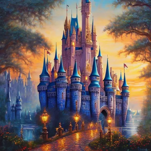 Prompt: Cinderella castle, oil painting, intricate detail, high resolution, magical, warm tones, sunrise