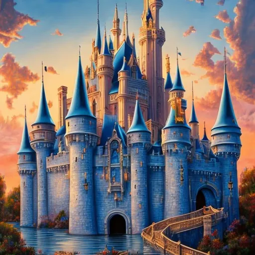 Prompt: Cinderella castle, oil on canvas, intricate detail, high resolution, magical, warm tones, sunrise 