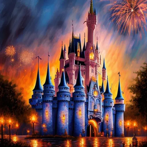 Prompt: Cinderella castle, intricate detail, high resolution, oil painting, main street, warm tones, fireworks, sunset