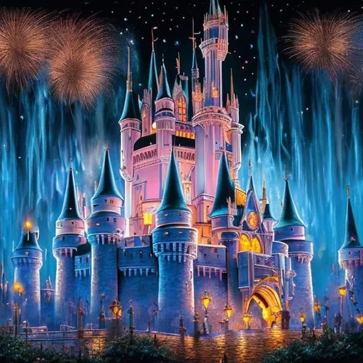 Prompt: Cinderella castle at night, oil painting, intricate detail, fairy dust, fireworks, high resolution, magical, warm tones, mickey mouse, Minnie mouse