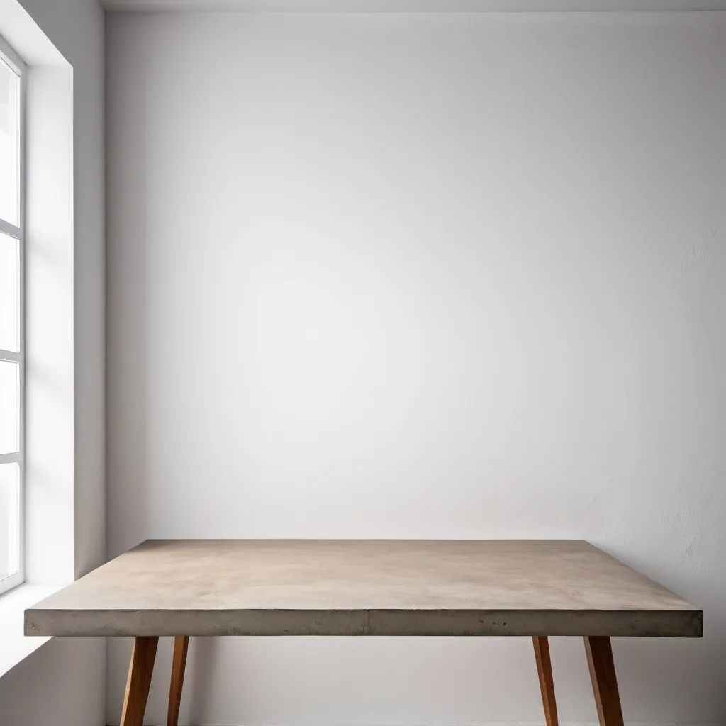 Prompt: empty white home desk, wooden tabletop, elegant empty concrete white wall, professional product photography. The photo shoud have only focussing a half table and the full wall, in that way the photo should be zoomed.