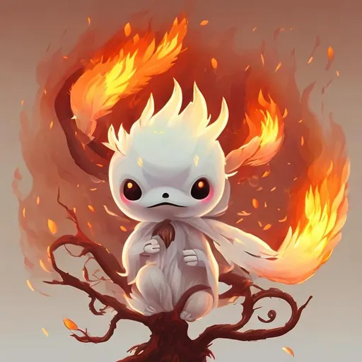 Prompt: digital art cute fire Kodama white tree spirit