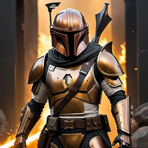 Prompt: Scene:

Backdrop: A burning battlefield, with flames and smoke rising in the background, creating an intense and chaotic atmosphere.
Mandalorian Warrior:

Pose: Standing tall and proud in an epic pose, exuding confidence and readiness for battle.
Armor:

Primary Color: Midnight black
Accents: Intricate patterns and accents in bronze gold
Shoulder Plates and Gauntlets: Dull grey with a rugged, battle-worn appearance
Helmet: Sleek and intimidating, reflecting the glow of the fires behind, with the T-visor glowing faintly in bronze gold
Cape: Tattered and dark grey, billowing behind the warrior
Chest Plate: Bears a symbol in bronze gold, signifying their clan or personal mark
Weapons:

Right Hand: Holding a blaster rifle, aimed towards an unseen enemy
Left Hand: Gripping a vibroblade, poised for close combat
Overall Feel:

The stance is dynamic and powerful, set against the intense and chaotic background of the battlefield. The combination of colors and the warrior's pose emphasize their readiness and resolve.