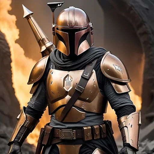 Prompt: Scene:

Backdrop: A burning battlefield, with flames and smoke rising in the background, creating an intense and chaotic atmosphere.
Mandalorian Warrior:

Pose: Standing tall and proud in an epic pose, exuding confidence and readiness for battle.
Armor:

Primary Color: Midnight black
Accents: Intricate patterns and accents in bronze gold
Shoulder Plates and Gauntlets: Dull grey with a rugged, battle-worn appearance
Helmet: Sleek and intimidating, reflecting the glow of the fires behind, with the T-visor glowing faintly in bronze gold
Cape: Tattered and dark grey, billowing behind the warrior
Chest Plate: Bears a symbol in bronze gold, signifying their clan or personal mark
Weapons:

Right Hand: Holding a blaster rifle, aimed towards an unseen enemy
Left Hand: Gripping a vibroblade, poised for close combat
Overall Feel:

The stance is dynamic and powerful, set against the intense and chaotic background of the battlefield. The combination of colors and the warrior's pose emphasize their readiness and resolve.