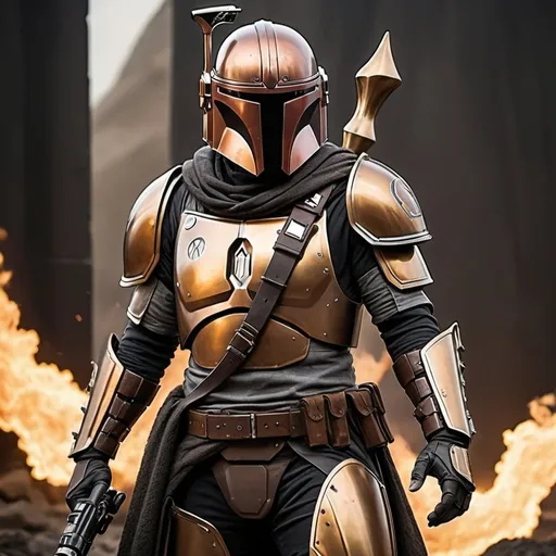 Prompt: Scene:

Backdrop: A burning battlefield, with flames and smoke rising in the background, creating an intense and chaotic atmosphere.
Mandalorian Warrior:

Pose: Standing tall and proud in an epic pose, exuding confidence and readiness for battle.
Armor:

Primary Color: Midnight black
Accents: Intricate patterns and accents in bronze gold
Shoulder Plates and Gauntlets: Dull grey with a rugged, battle-worn appearance
Helmet: Sleek and intimidating, reflecting the glow of the fires behind, with the T-visor glowing faintly in bronze gold
Cape: Tattered and dark grey, billowing behind the warrior
Chest Plate: Bears a symbol in bronze gold, signifying their clan or personal mark
Weapons:

Right Hand: Holding a blaster rifle, aimed towards an unseen enemy
Left Hand: Gripping a vibroblade, poised for close combat
Overall Feel:

The stance is dynamic and powerful, set against the intense and chaotic background of the battlefield. The combination of colors and the warrior's pose emphasize their readiness and resolve.