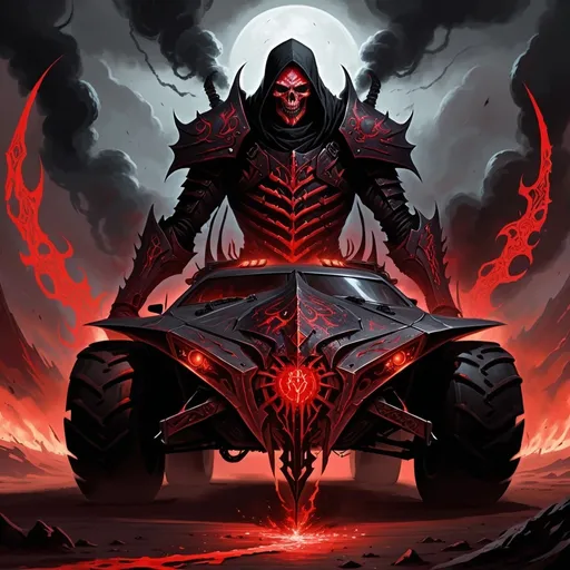 Prompt: Prompt:
"Create an ominous and foreboding image of a malevolent figure named Malachi Bloodthorne standing beside his monstrous vehicle, the 'Shadowreaper.' Malachi exudes an aura of darkness and chaos, with glowing crimson runes adorning his pale skin. The 'Shadowreaper' is a heavily armored, blackened vehicle exuding an otherworldly presence, adorned with intricate, glowing crimson runes pulsating with dark energy. The vehicle is equipped with retractable, razor-sharp blades, a powerful flamethrower, and dark magic-infused shields. The image should capture the malevolence and intimidation of Malachi and the 'Shadowreaper,' evoking a sense of fear and awe."