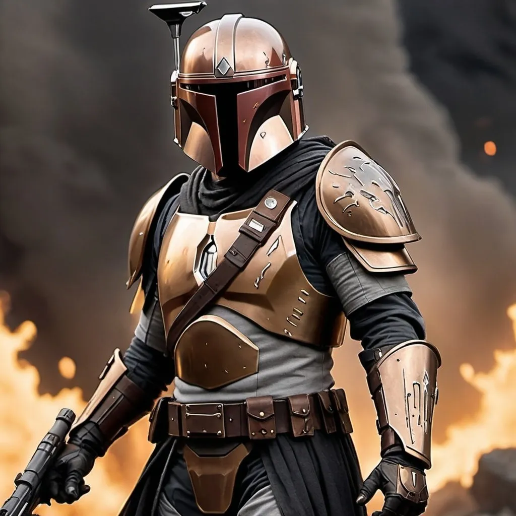 Prompt: Scene:

Backdrop: A burning battlefield, with flames and smoke rising in the background, creating an intense and chaotic atmosphere.
Mandalorian Warrior:

Pose: Standing tall and proud in an epic pose, exuding confidence and readiness for battle.
Armor:

Primary Color: Midnight black
Accents: Intricate patterns and accents in bronze gold
Shoulder Plates and Gauntlets: Dull grey with a rugged, battle-worn appearance
Helmet: Sleek and intimidating, reflecting the glow of the fires behind, with the T-visor glowing faintly in bronze gold
Cape: Tattered and dark grey, billowing behind the warrior
Chest Plate: Bears a symbol in bronze gold, signifying their clan or personal mark
Weapons:

Right Hand: Holding a blaster rifle, aimed towards an unseen enemy
Left Hand: Gripping a vibroblade, poised for close combat
Overall Feel:

The stance is dynamic and powerful, set against the intense and chaotic background of the battlefield. The combination of colors and the warrior's pose emphasize their readiness and resolve.