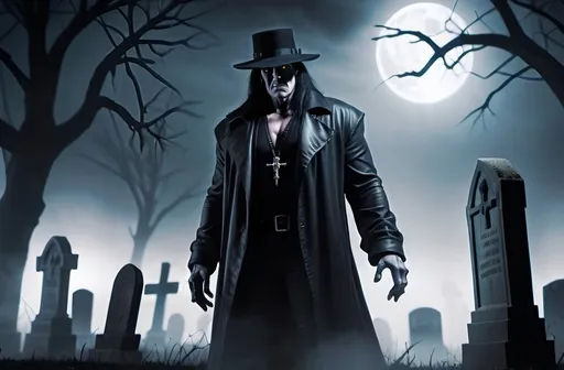 Prompt: Prompt:

"Create a dark and atmospheric scene featuring a towering figure named Soulkeeper, inspired by WWE's Undertaker. He stands in a misty graveyard under a moonlit sky, surrounded by ancient, weathered tombstones. Soulkeeper is dressed in a long black trench coat and a wide-brimmed hat, with glowing, eerie eyes that pierce through the darkness. His imposing presence is both fearsome and solemn, embodying the spirit of a guardian of the dead. The background should include shadowy trees and faint, ghostly apparitions to enhance the supernatural ambiance. The overall mood should be mysterious and haunting, with a gothic aesthetic."

