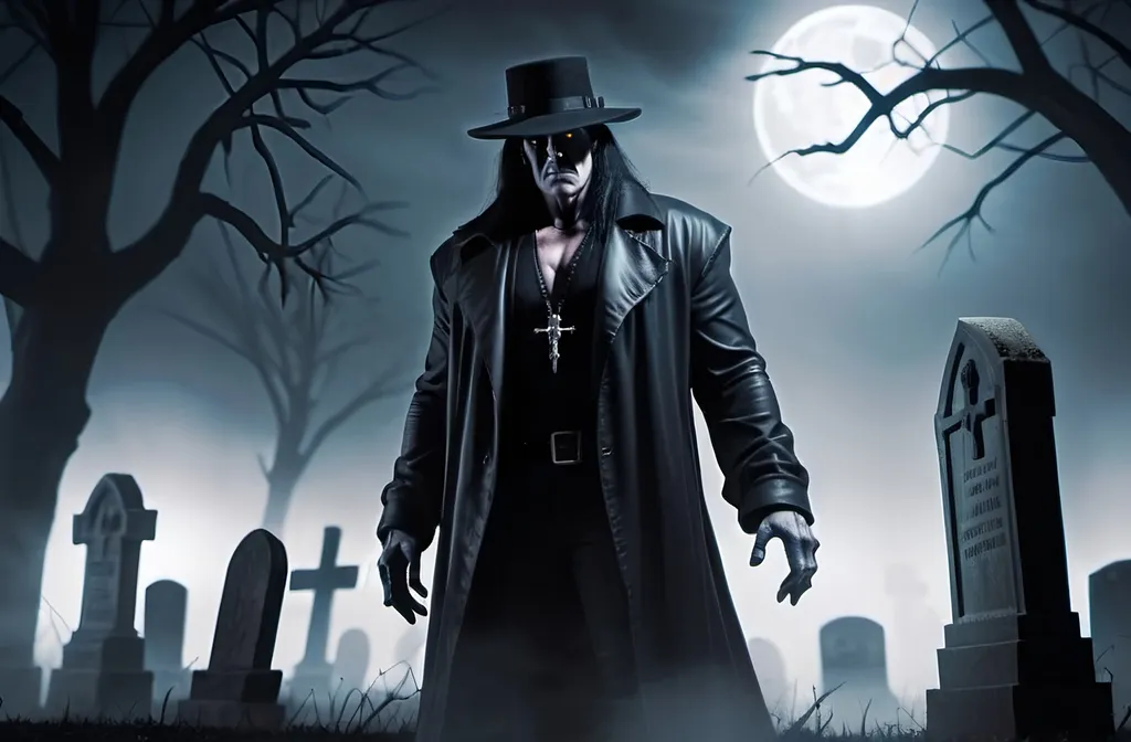 Prompt: Prompt:

"Create a dark and atmospheric scene featuring a towering figure named Soulkeeper, inspired by WWE's Undertaker. He stands in a misty graveyard under a moonlit sky, surrounded by ancient, weathered tombstones. Soulkeeper is dressed in a long black trench coat and a wide-brimmed hat, with glowing, eerie eyes that pierce through the darkness. His imposing presence is both fearsome and solemn, embodying the spirit of a guardian of the dead. The background should include shadowy trees and faint, ghostly apparitions to enhance the supernatural ambiance. The overall mood should be mysterious and haunting, with a gothic aesthetic."

