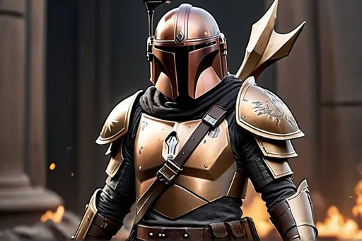 Prompt: Scene:

Backdrop: A battlefield, with flames and smoke rising in the background, creating an intense and chaotic atmosphere.
Mandalorian Warrior:

Pose: Standing tall and proud in an epic pose, exuding confidence and readiness for battle.
Armor:

Primary Color: Midnight black
Accents: Intricate patterns and accents in bronze gold
Shoulder Plates and Gauntlets: Dull grey with a rugged, battle-worn appearance
Helmet: Sleek and intimidating, reflecting the glow of the fires behind, with the T-visor glowing faintly in bronze gold
Cape: Tattered and dark grey, billowing behind the warrior
Chest Plate: Bears a symbol in bronze gold, signifying their clan or personal mark
Weapons:


Left Hand: Gripping a vibroblade, poised for close combat
Overall Feel:

The stance is dynamic and powerful, set against the intense and chaotic background of the battlefield. The combination of colors and the warrior's pose emphasize their readiness and resolve.