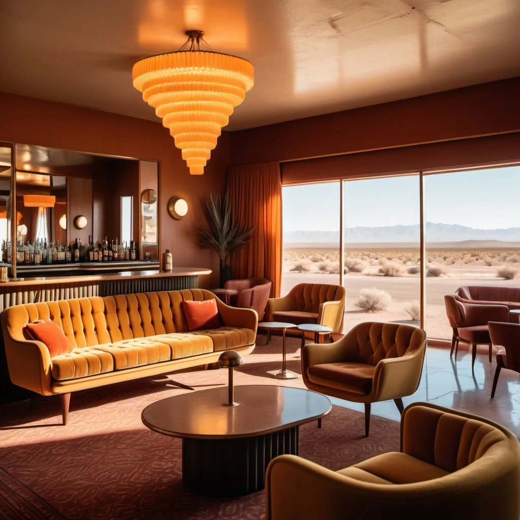 Prompt: a retro hotel with 1970s asthetics, velvet furniture, a bar, vintage lamps, in the desert