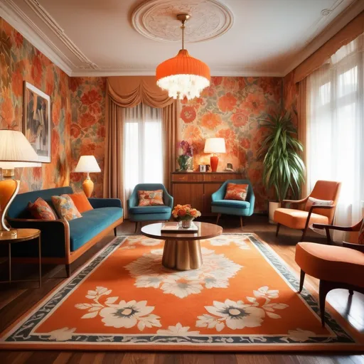 Prompt: 1960s architecture, stunning retro design, vibrant floral wallpaper, exquisite lamps casting soft light, ornate graphic rugs laying on polished wooden floors, nostalgic ambiance featuring warm tones, capturing the era's charming essence, inviting atmosphere, ultra-detailed, modern vintage fusion, high-quality, artistic marvel.