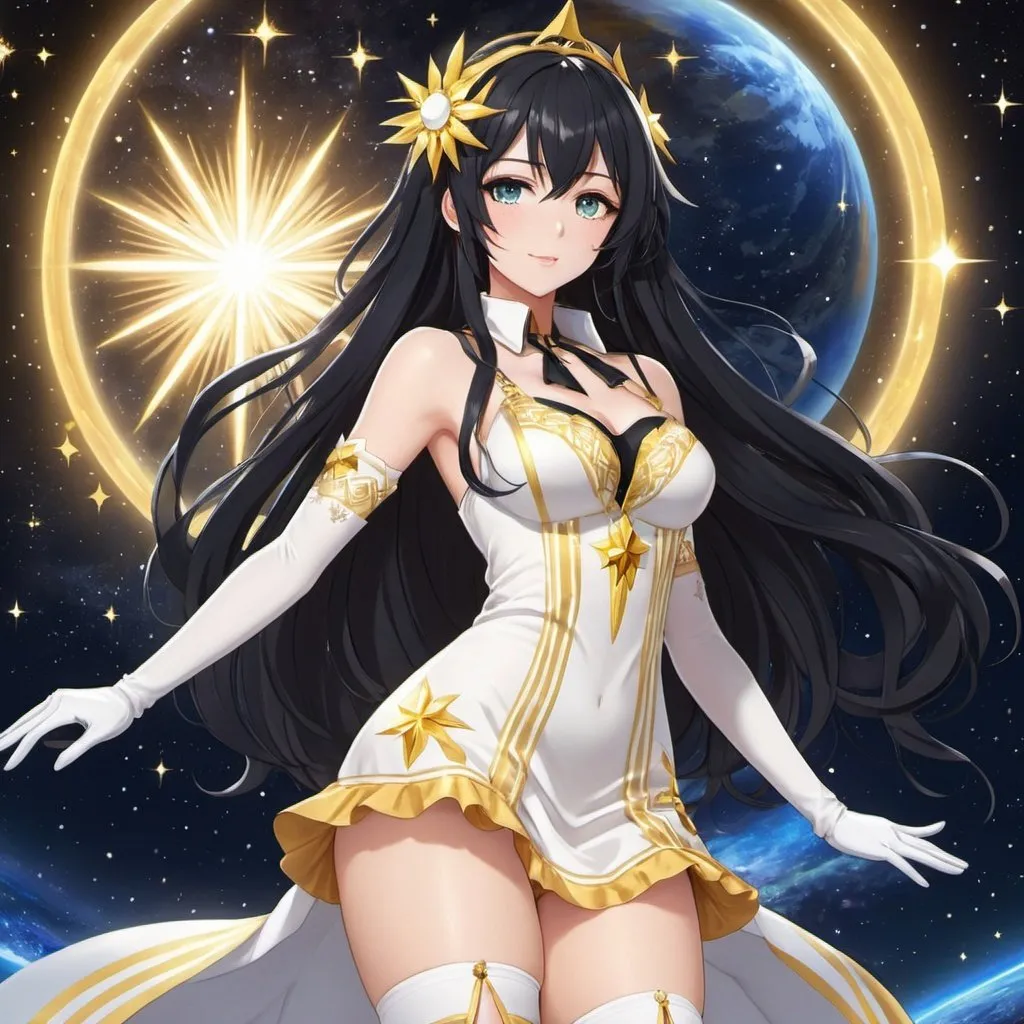 Prompt: Anime illustration of a tall woman with long black hair, normal eyes, gold eye pupils, wearing a gold like sun dress, white thigh-highs, and gloves, bright pupils, space, stars , high quality, thin body, anime art, detailed eyes, professional, atmospheric lighting, normal hands, five fingers, goddess, aura, adult woman, herrscher from honkai impact's outfit