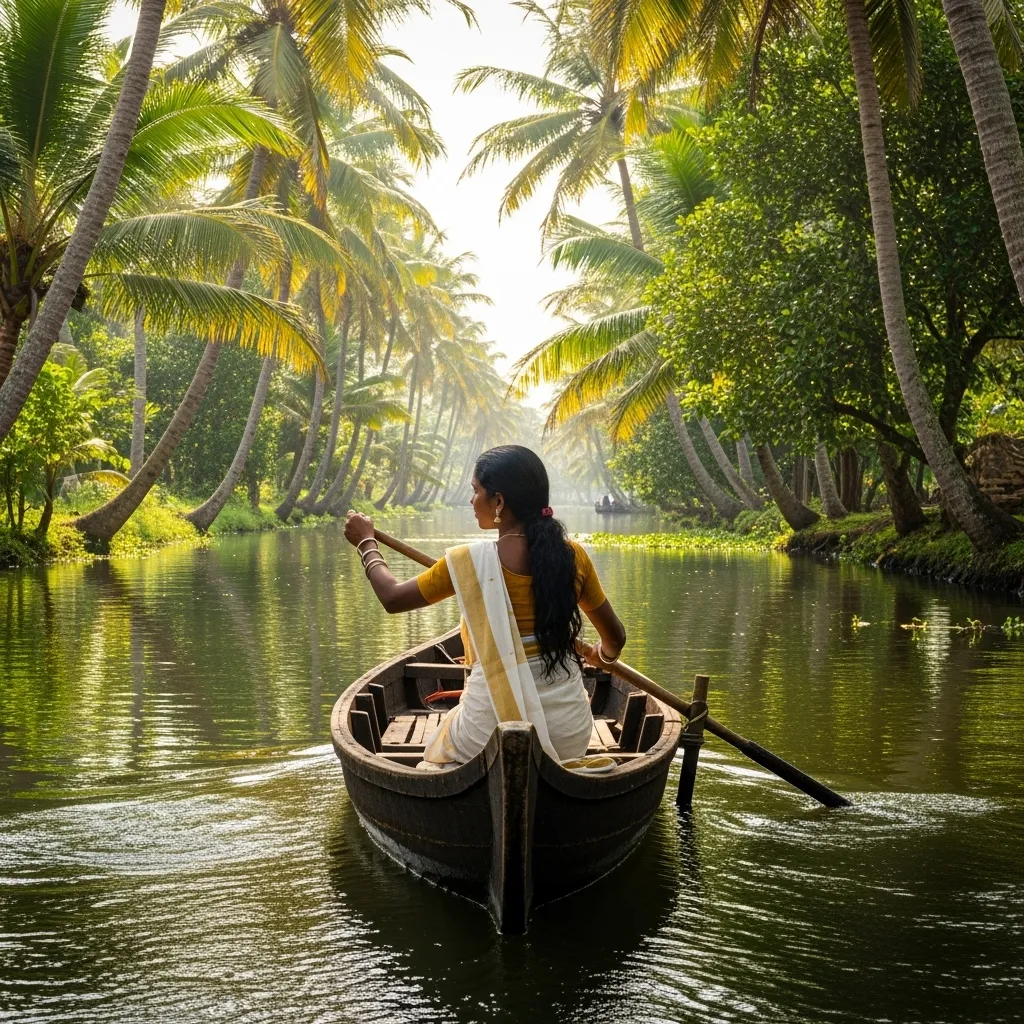 Prompt: a kerala lady rowing a small boat on the backwaters