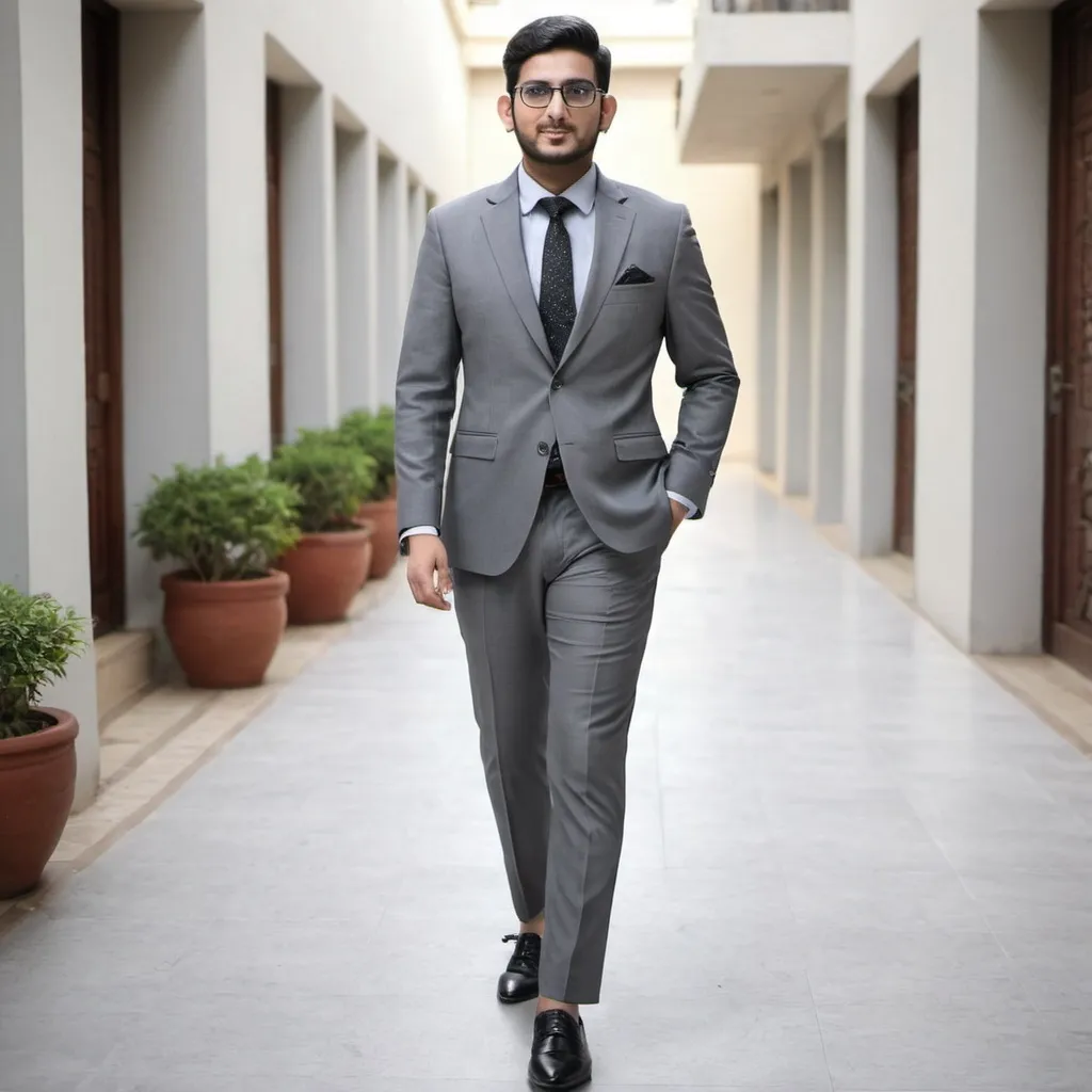 Prompt: carry minati dressed in grey suit with black shoes 