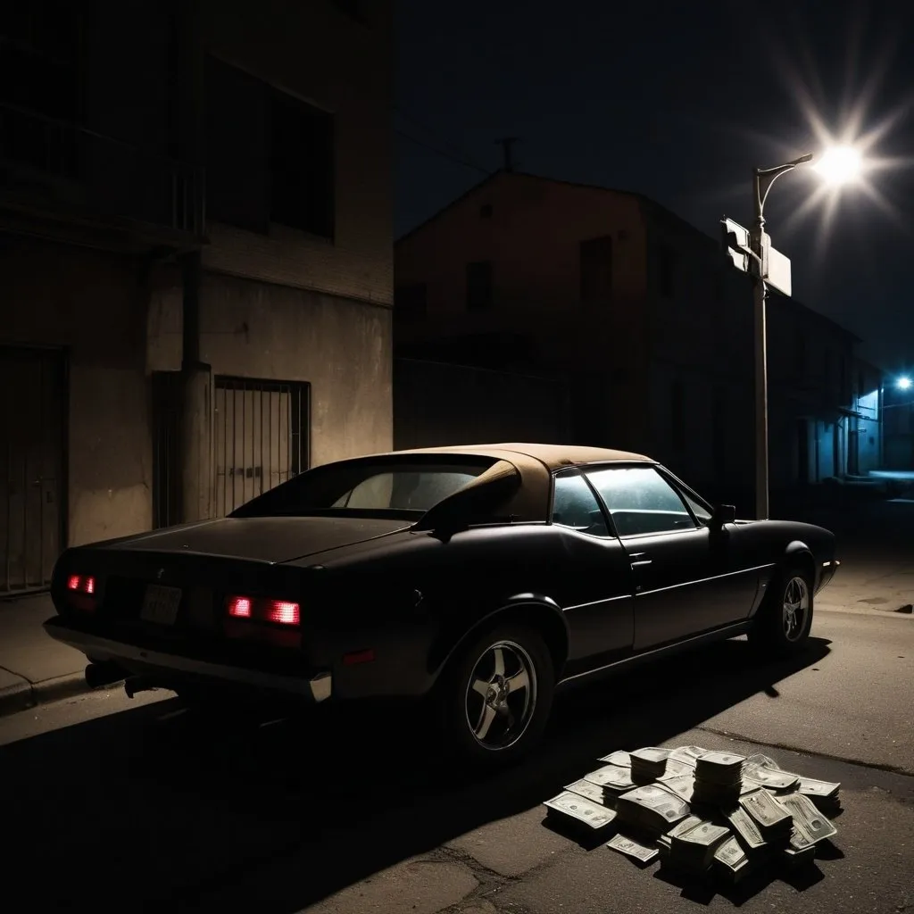 Prompt: Shadow in a dark ghetto with a street light shining above with a exotic car somewhere with duffle bags of money inside of the hood trunk of the car