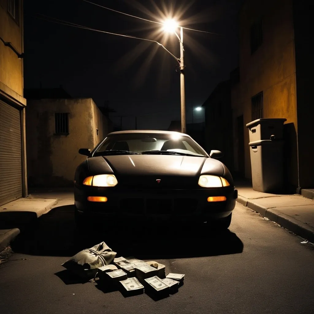 Prompt: Shadow in a dark ghetto with a street light shining above with a exotic car somewhere with duffle bags of money inside of the hood trunk of the car