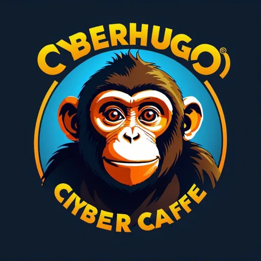 Prompt: logo with a monkey, title says "cyberhugo", its a ciber café logo