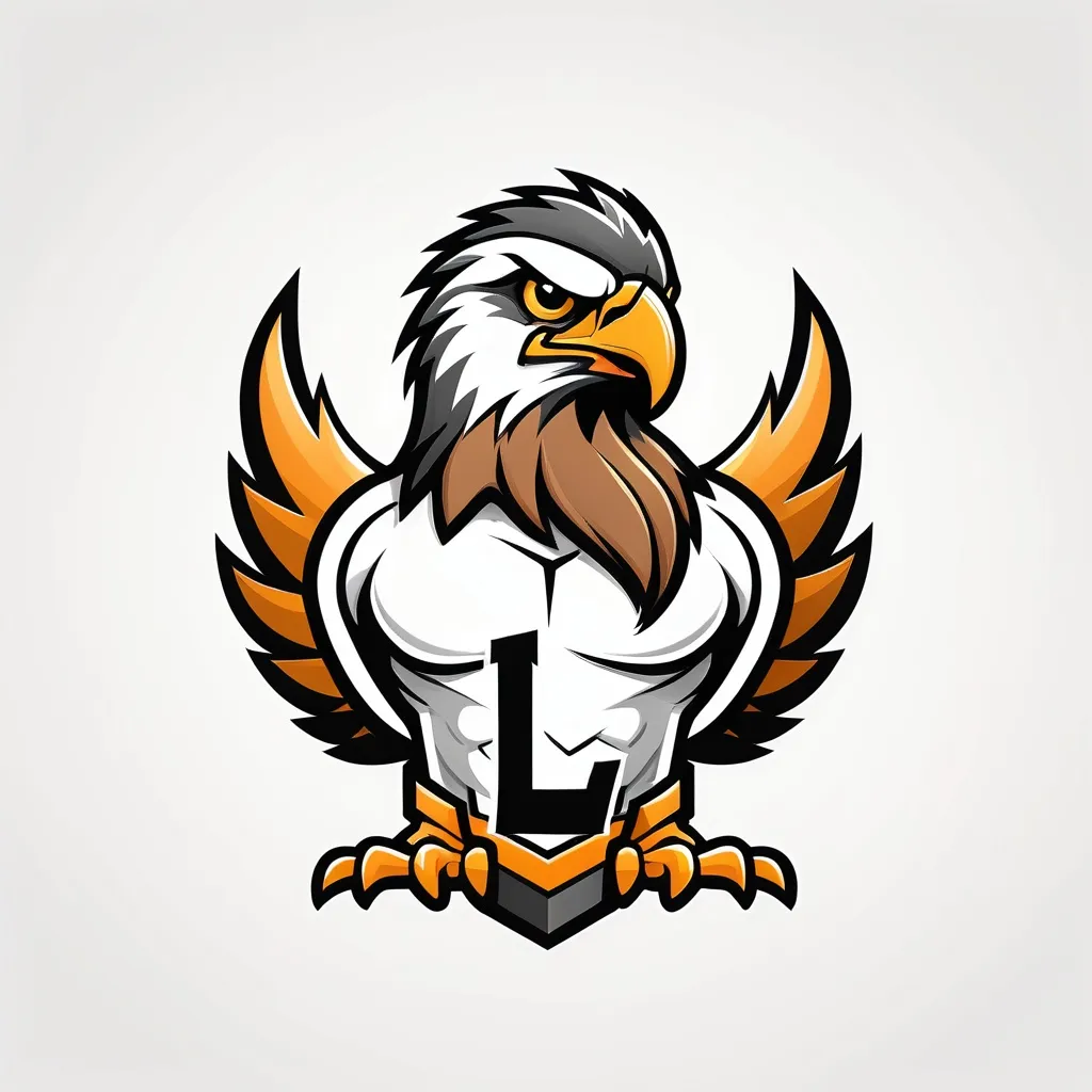 Prompt: Stylized cartoon muscular hawk mascot, vector flat logo, simple lines, cute cartoon illustration, white backdrop, Capital letter "L" incorporated into the design