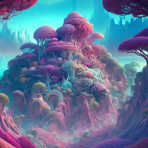 Prompt: Surreal digital illustration of a dreamlike world, vibrant and ethereal, floating islands, iridescent colors, luminescent flora and fauna, intricate creatures, high-quality, surrealism, vibrant colors, ethereal lighting, art nouveau, dreamlike, fantastical, mesmerizing, otherworldly, immersive, intricate design
