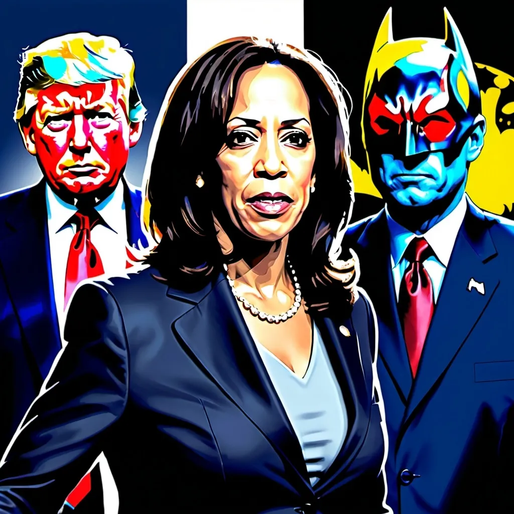 Prompt: Kamala Harris is now running against Donald Trump.  There was a marvel movie Batman vs. Batman: Dawn of Justice. I want to use the theme of this movie as a promotion for the upcoming presidential race. Kamala is a prosecutor in real life. Donald Trump is a felon.  So, please make a marketing poster of Prosecutor vs. Felon: Dawn of Justice.