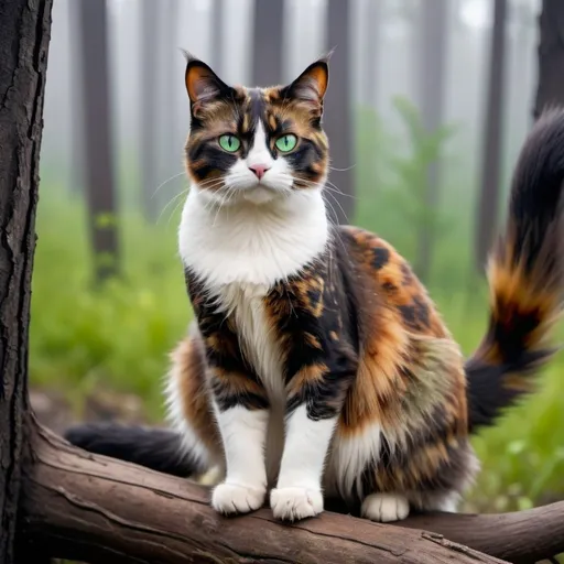 Prompt: a elegant tortoiseshell she-kitty with a long bushy tail. Vivid green eyes and white paws standing up. Camera view of whole cat. Misty background with charred trees.