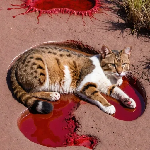 Prompt: A brown dappled wild cat laying down in a pool of blood. A long deep scar tracing down their body. In a dirt scuffed plain with another white and brown wild cat.