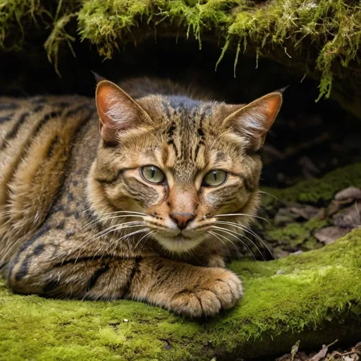 Prompt: A brown dappled wild cat laying down in moss bed. A long deep scar tracing down their body. In a dirt scuffed plain.