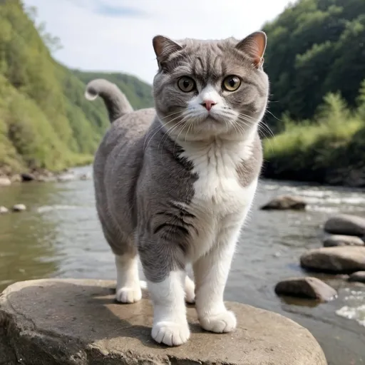 Prompt: A gray and white Scottish Fold she-cat with light gray eyes. She is standing on top of a large gray bolder in the middle of a river.