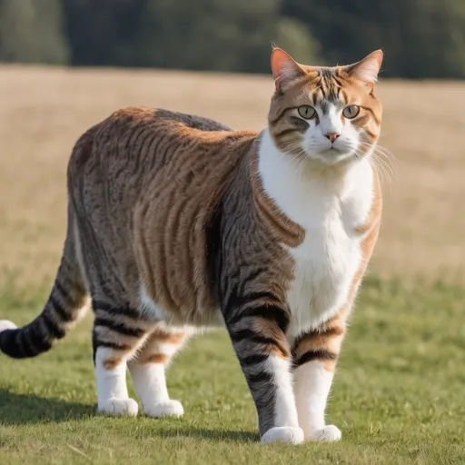 Prompt: A large, cat with a white underbelly and brown coat. They are standing in a large grassless field.