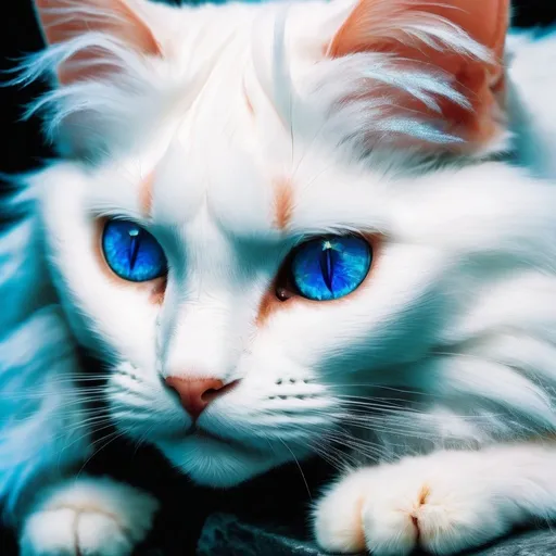 Prompt: A white cat with crystal blue eyes and fluffy mane.
