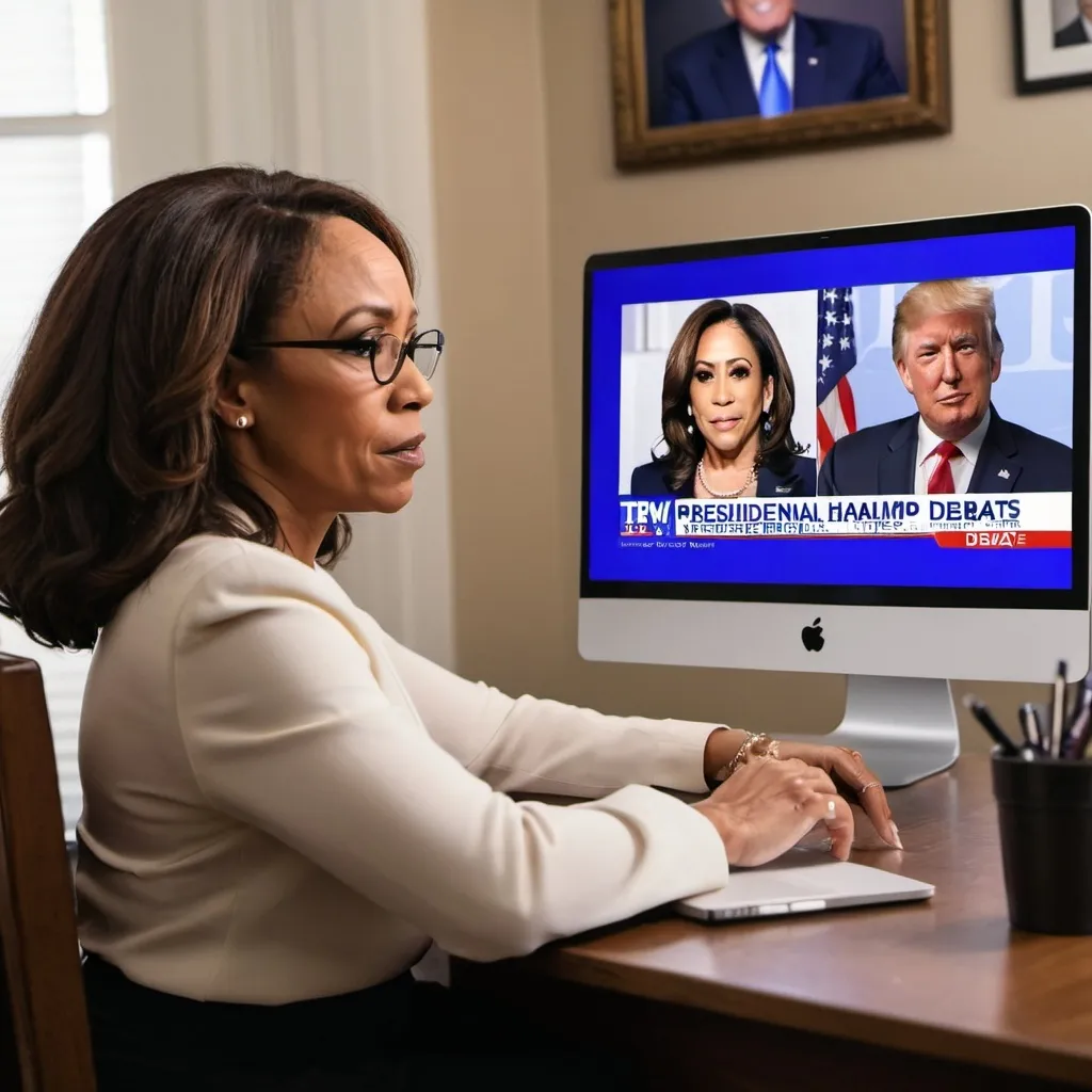 Prompt: Black woman watching (looking at screen)  of presidential candidates debate between Donald Trump and Kamala Harris in 2024.  The Black woman is sitting at her desk watching the debate on her laptop