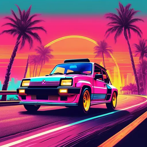 Prompt: retro 80s art, Renault 5 turbo 2 down a highway with palm trees on the side of the road, retro art, synthwave, city view in the background, highly detailed