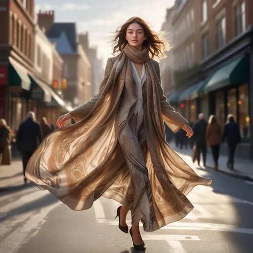 Prompt: Tall young woman walking down the high street, detailed clothing, realistic, natural lighting