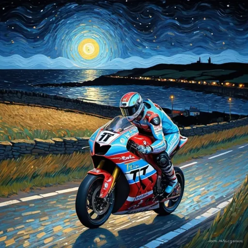 Prompt: Isle of Man TT racing  in the style of Van Gogh at night john mcguiness
