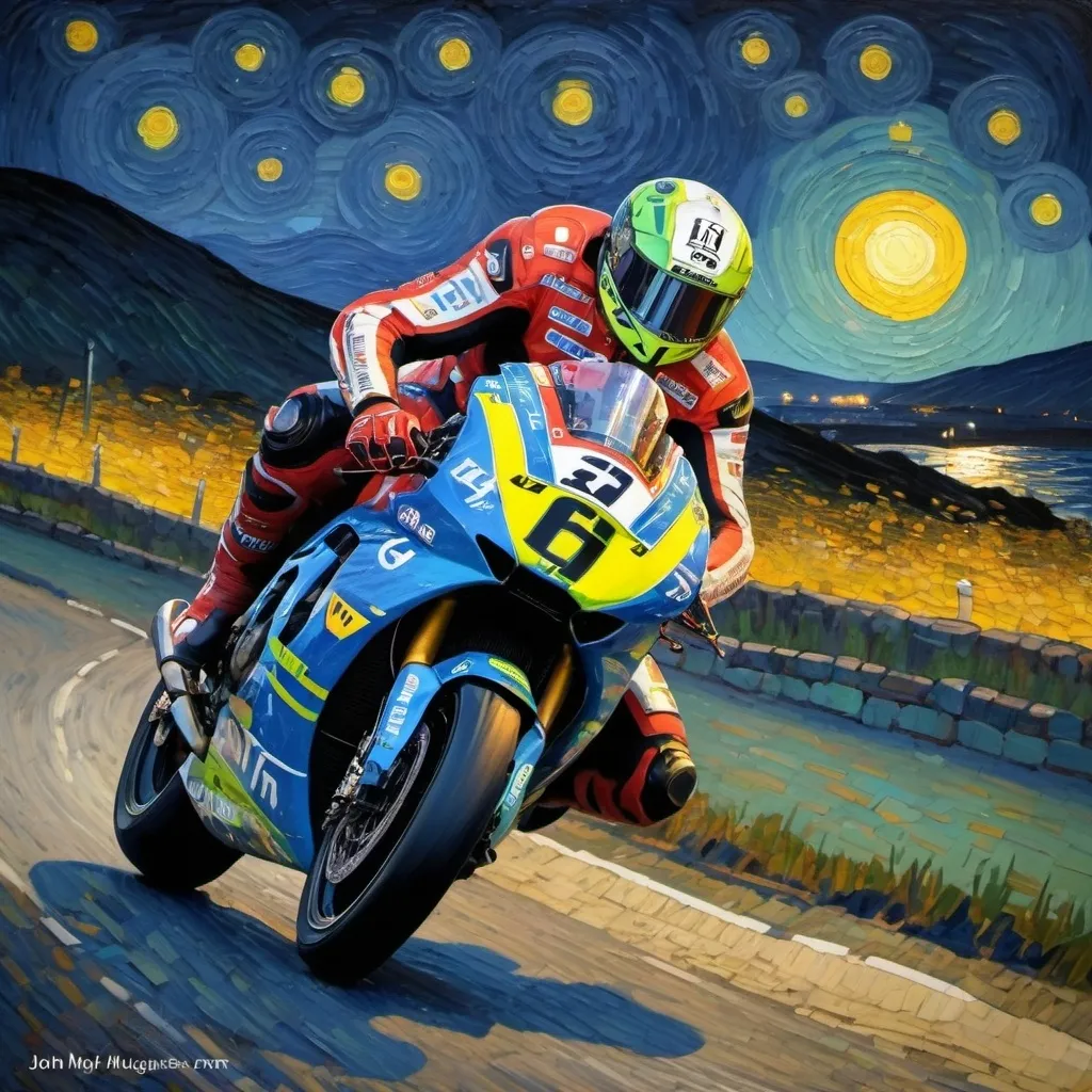 Prompt: Isle of Man TT racing  in the style of Van Gogh at night john mcguiness
