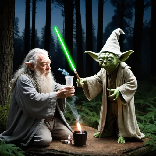 Prompt: Gandalf and yoda  partying in the wood at night, yoda is doing cocaine. 