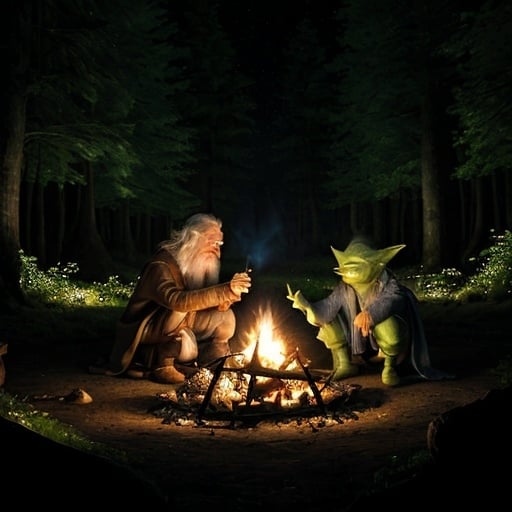 Prompt: Gandalf and Yoda kissing around the campfire in the enchanted forest at night.