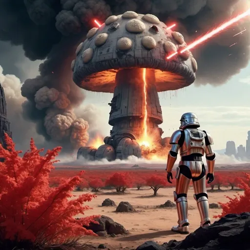 Prompt: Scene from star wars with power armor soldier staring ominously at the mushroom cloud explosion with fall out all around him with a red gentle glow and some sparks from a fire
make the mushroom cloud look natural

